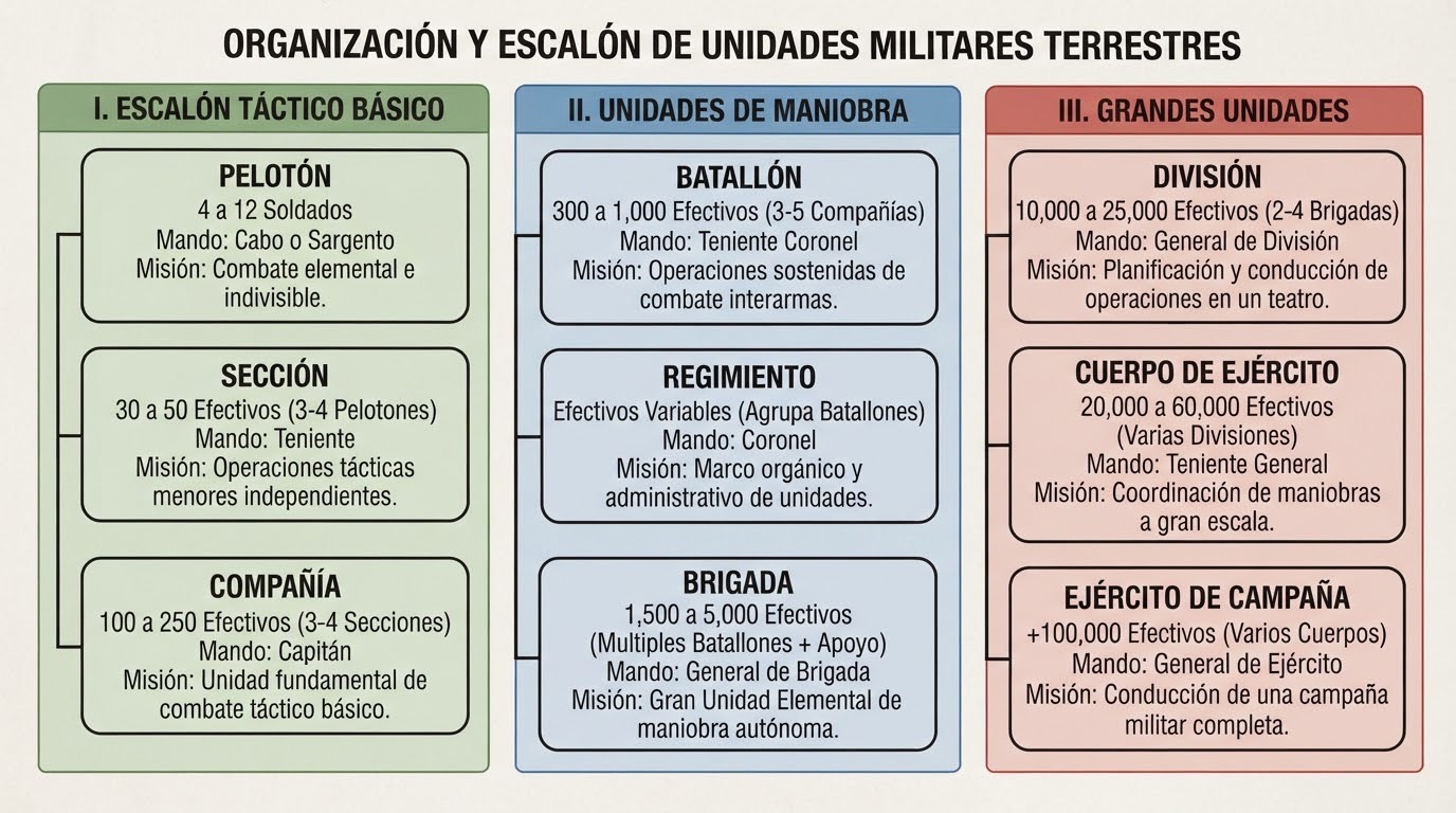 Tipos de unidades militares: división, brigada, regimiento
